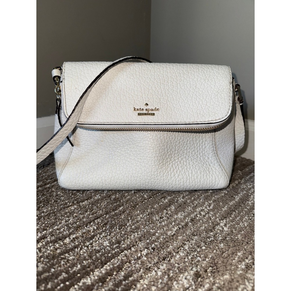 Kate Spade Crossbody Bag Small White Pebbled Leather Flap Zip Timeless Chic